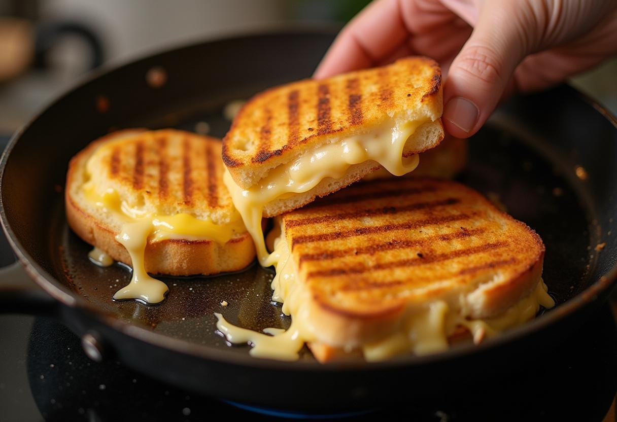 Croque-Monsieur sandwiches grillés avec des croûtes parfaitement dorées et du fromage fondu sur une poêle.