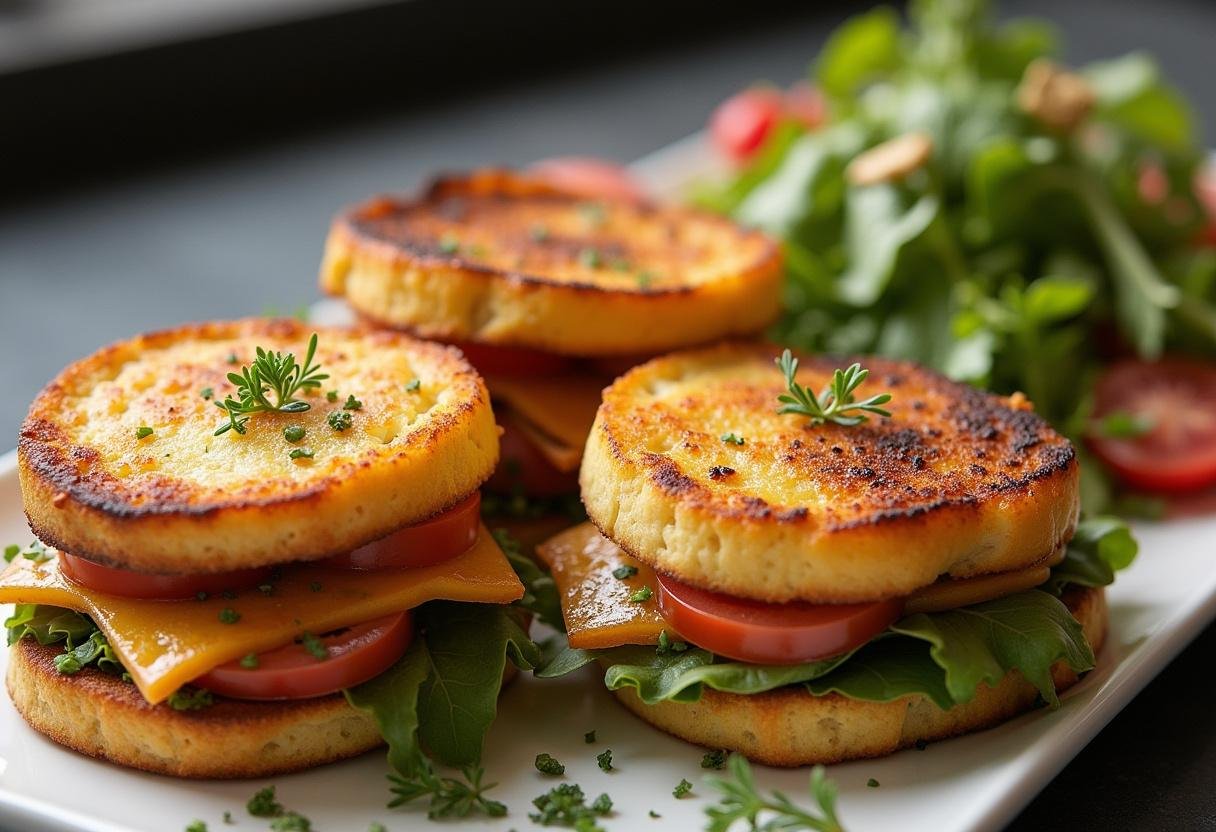 Croque-Monsieur assemblé et garni prêt à servir sur un plateau avec de la salade sur le côté.