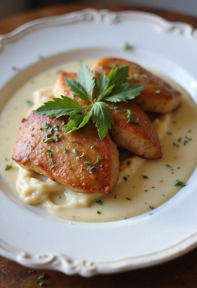 Finished escalopes de veau à la crème ready to be enjoyed in a traditional French setting.