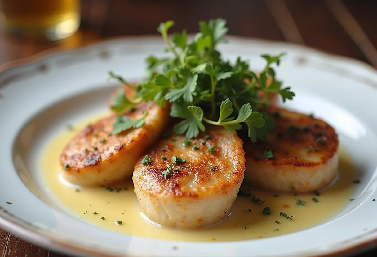 Finished escalopes de veau à la crème ready to be enjoyed in a traditional French setting.