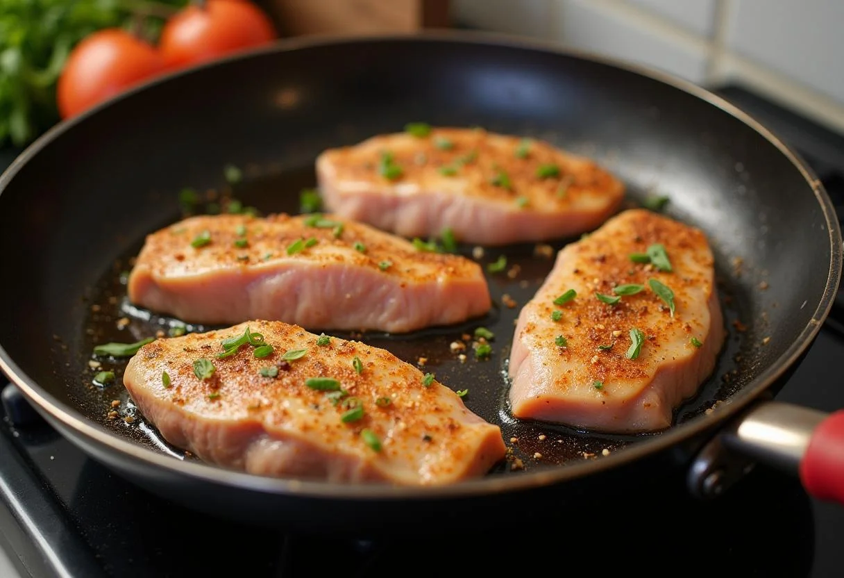 Escalope de veau being seared in a frying pan for lasagna à la crème.