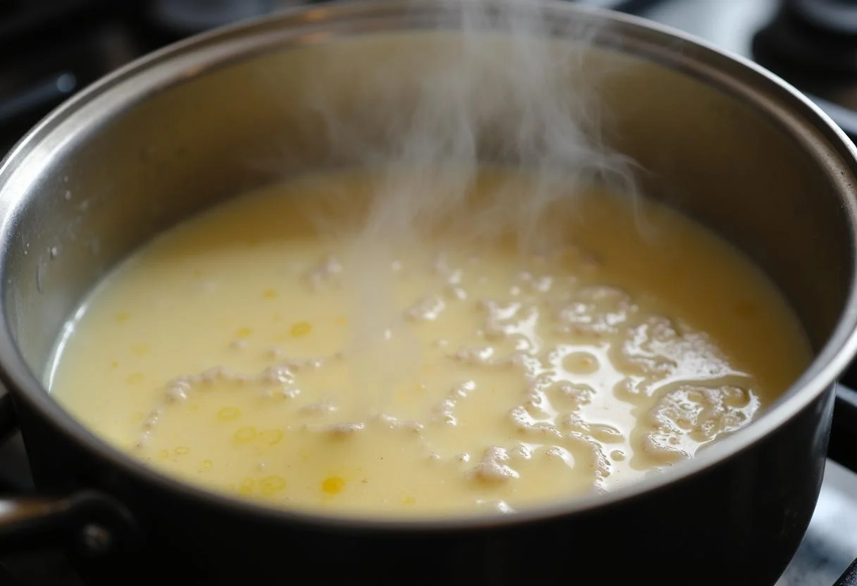 Cream and shallots simmering for the sauce of escalopes de veau à la crème.