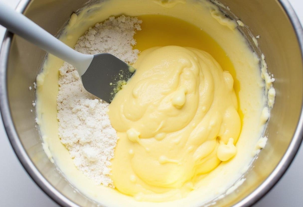 Pâte à financiers aux amandes en mélangeant le beurre fondu et les blancs d'œufs.