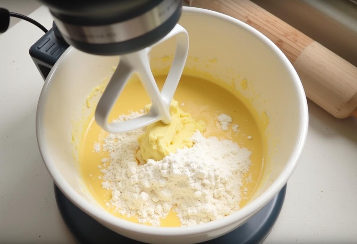 Preparing pastry dough for Flan Pâtissier Vanillé with flour, sugar, and butter.