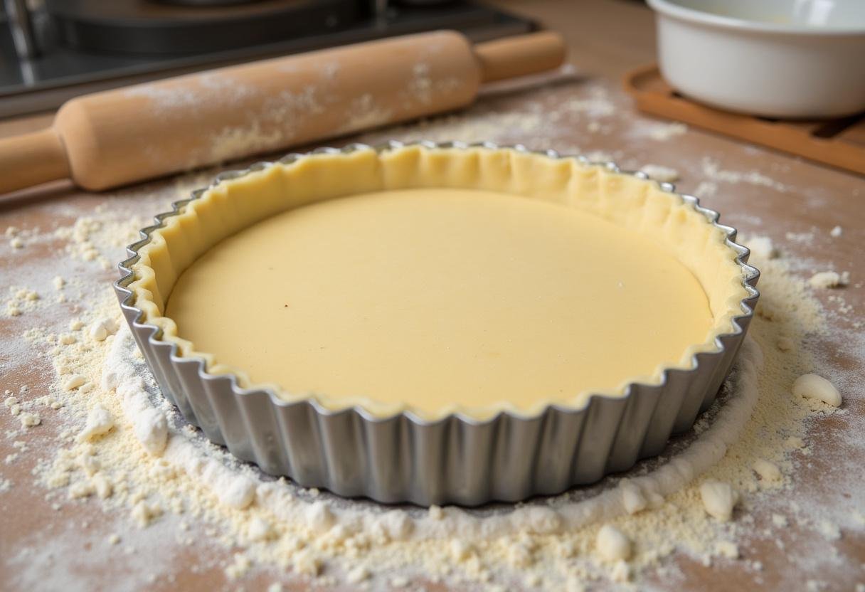 Rolling and pressing pastry dough into a tart pan for Flan Pâtissier Vanillé preparation.