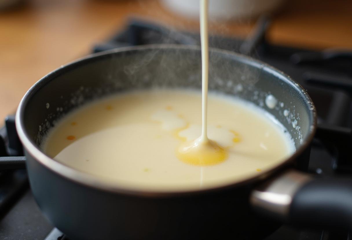 Heating milk and vanilla for Flan Pâtissier Vanillé in a saucepan.
