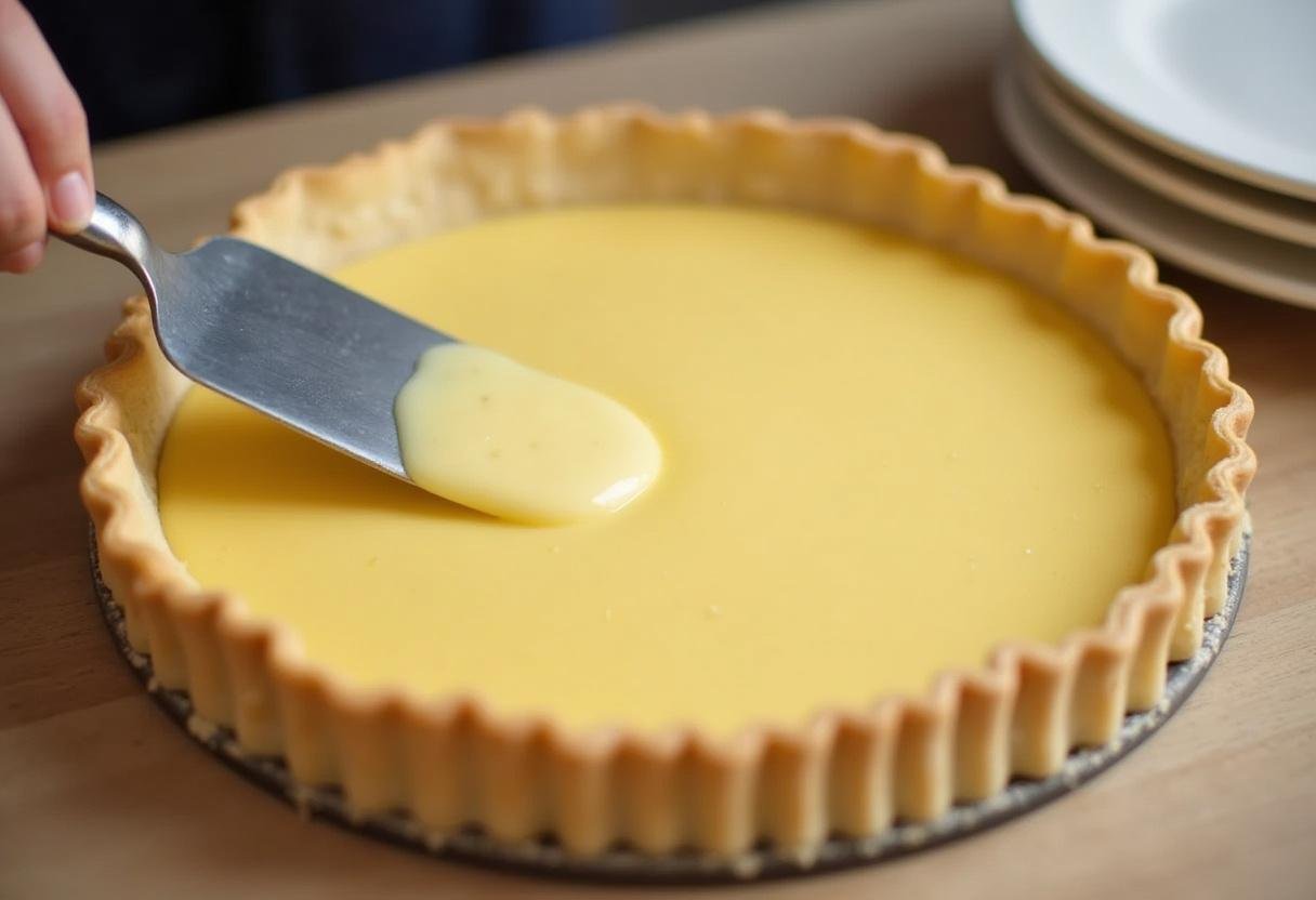 Filling the baked crust with vanilla custard mixture for Flan Pâtissier Vanillé.