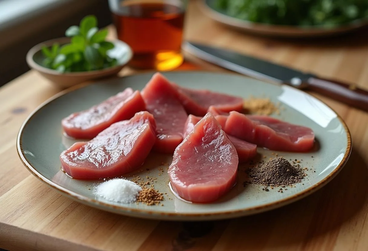Ingrédients de préparation pour Foie Gras Mi-Cuit, y compris le foie de canard et les assaisonnements.