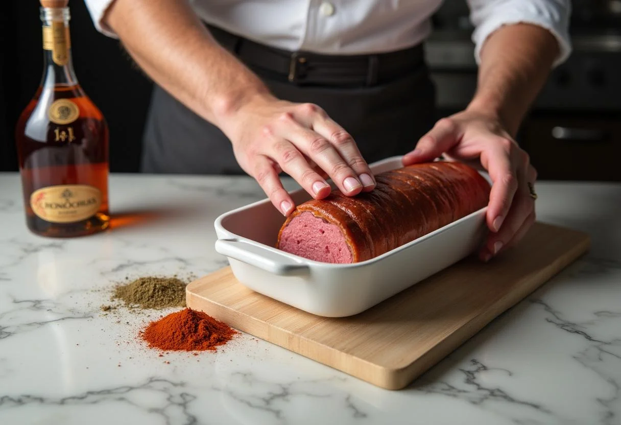 Chef disposant des couches de foie de canard pour le Foie Gras Mi-Cuit dans une terrine.