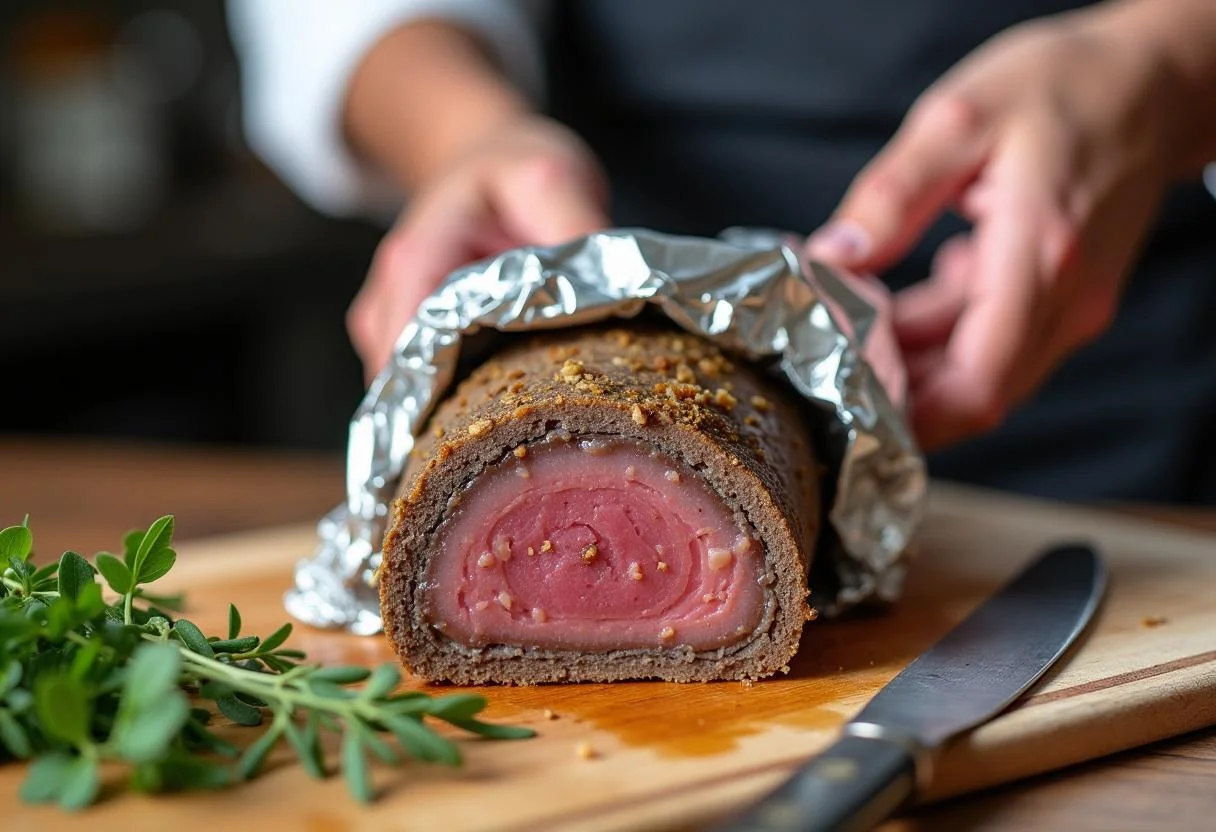 Chef dévoilant le Foie Gras Mi-Cuit cuit de la terrine après la cuisson.
