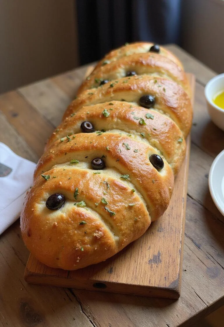 Finished Fougasse Provençale showcasing a golden crust and herbs, served with olive oil for dipping.