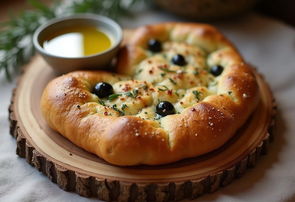 Fougasse Provençale finie présentant une croûte dorée et des herbes, servie avec de l'huile d'olive pour tremper.