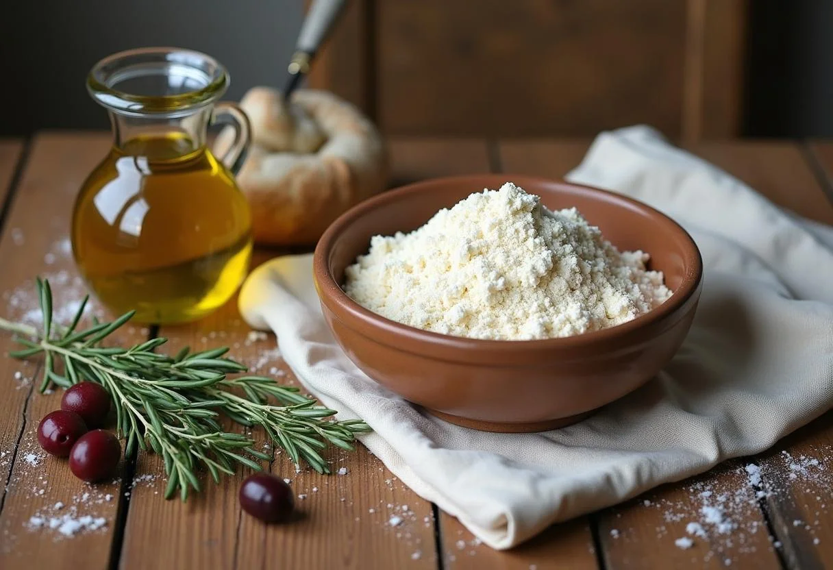 Ingrédients pour faire de la Fougasse Provençale, y compris la farine, la levure et les olives.