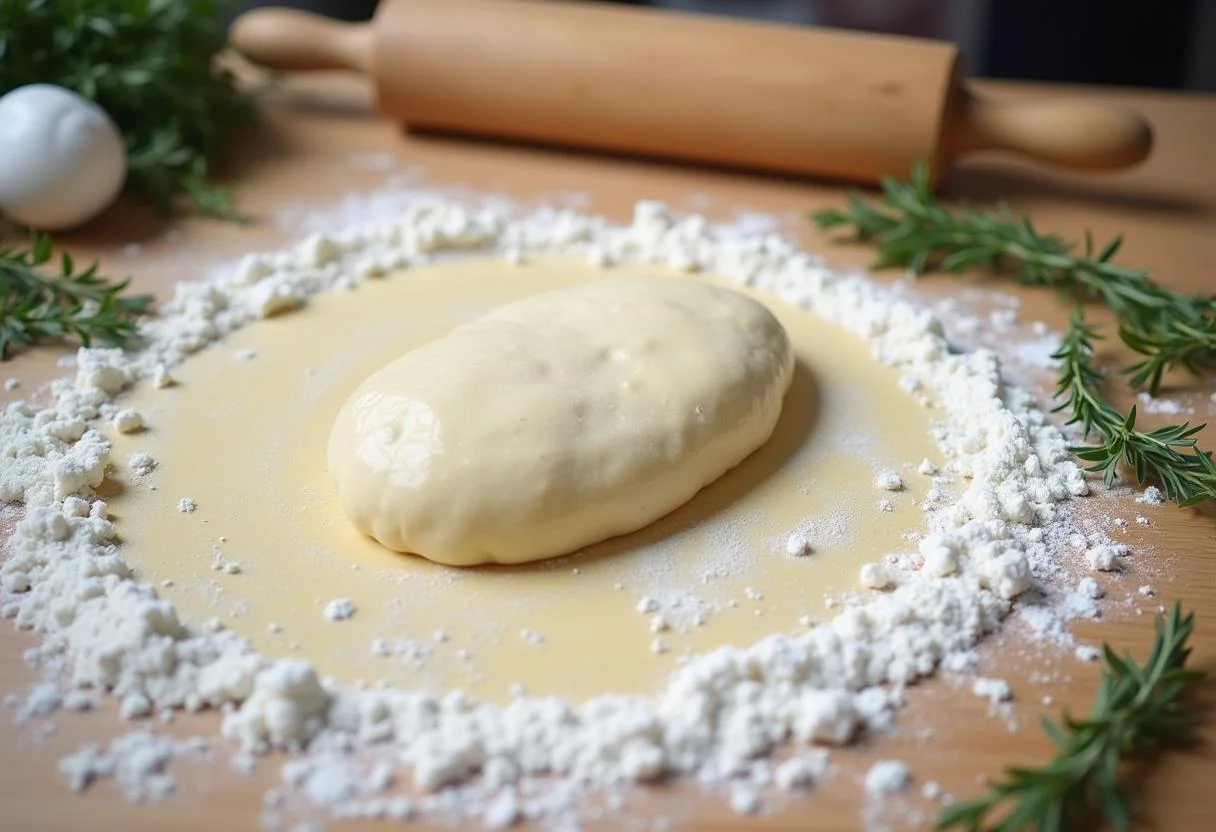 Façonnage de la pâte levée pour la Fougasse Provençale sur une surface farinée avec des herbes fraîches.