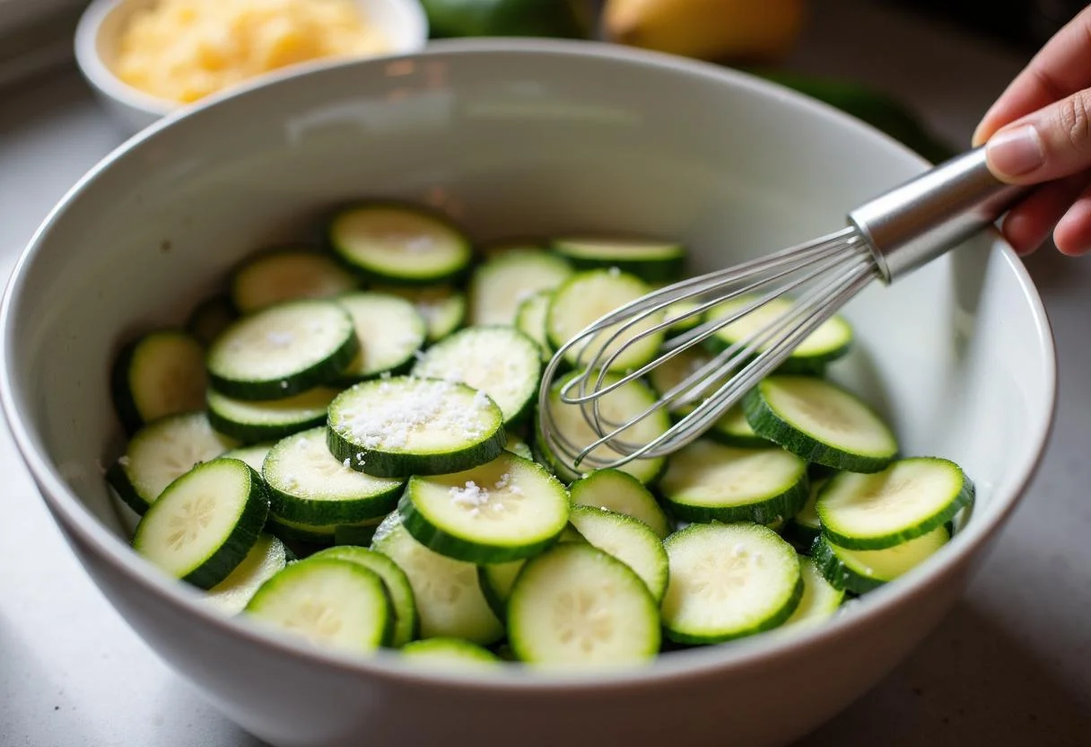 Zucchini slices coated with salt in a bowl, ready for Gratin de Courgettes Léger.