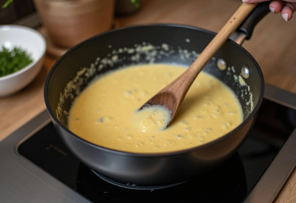 Creamy mixture being prepared for Gratin de Courgettes Léger on the stove.