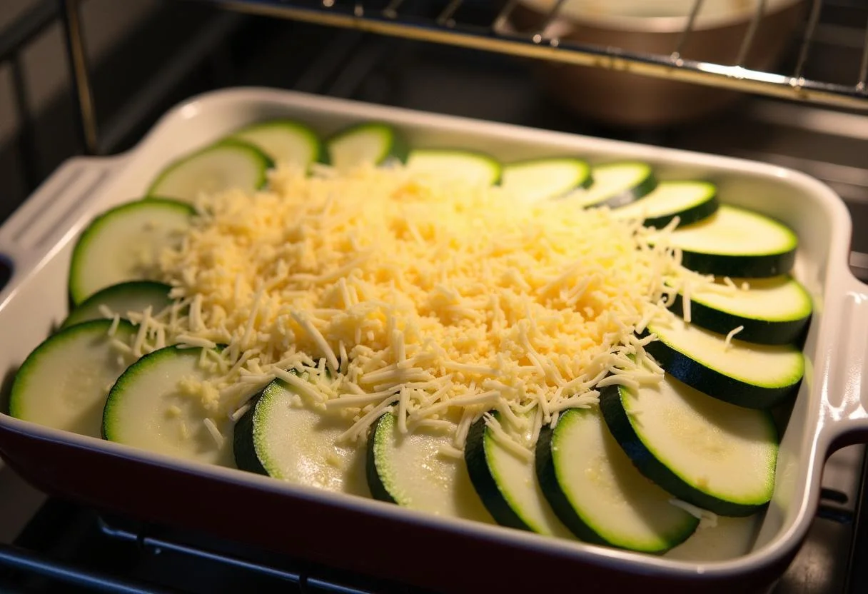 Baking dish prepared with zucchini and cream mixture for Gratin de Courgettes Léger.