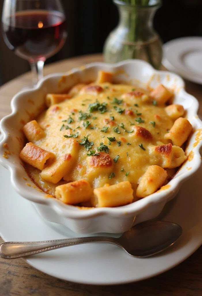 Deliciously baked Gratin de Macaronis Fromagé with melted cheese, perfect for a hearty meal.