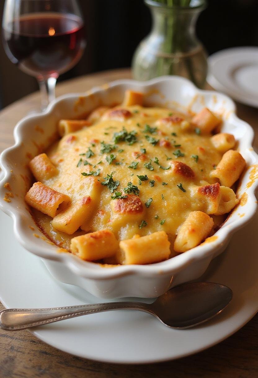 Deliciously baked Gratin de Macaronis Fromagé with melted cheese, perfect for a hearty meal.