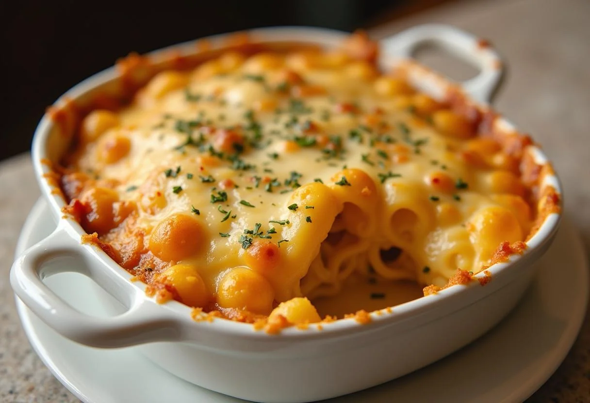 Deliciously baked Gratin de Macaronis Fromagé with melted cheese, perfect for a hearty meal.