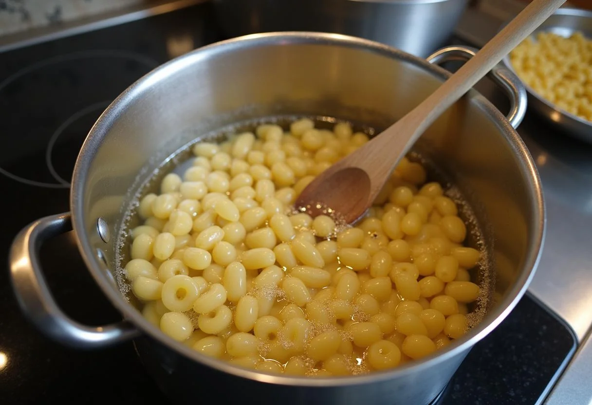 Pot of boiling water ready for macaroni to prepare Gratin de Macaronis Fromagé.