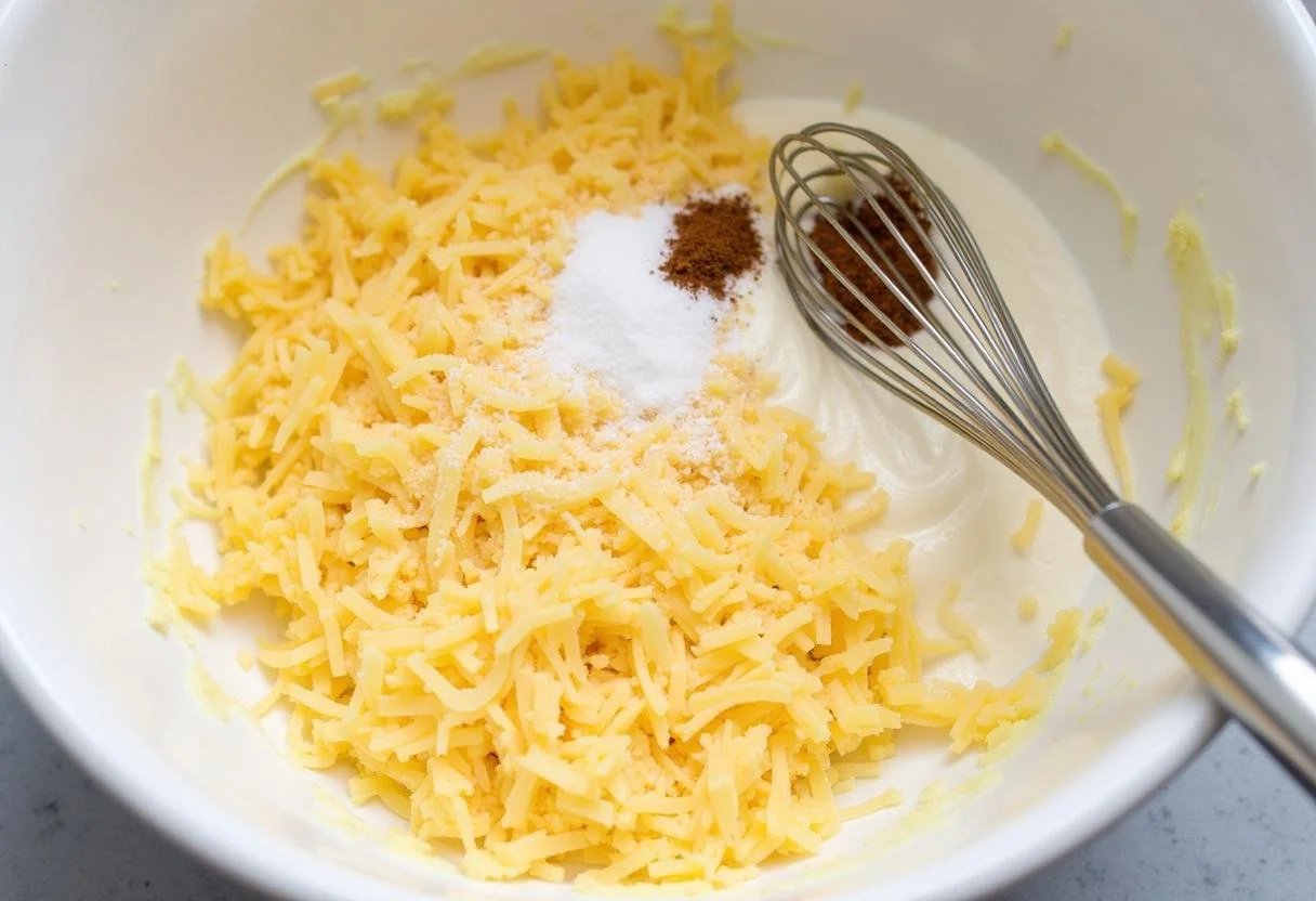 Mixing bowl with cheese and cream for Gratin de Macaronis Fromagé preparation.