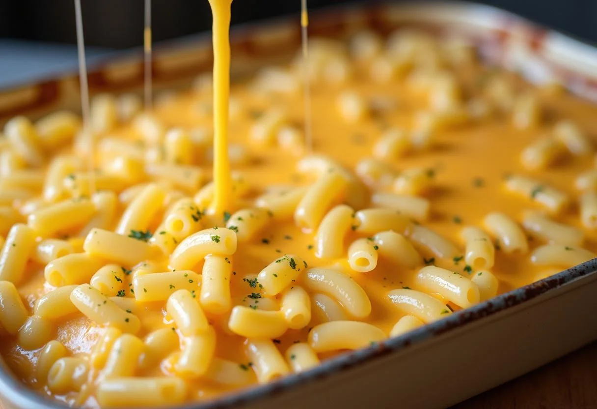 Baking dish with macaroni and cheese sauce being prepared for Gratin de Macaronis Fromagé.