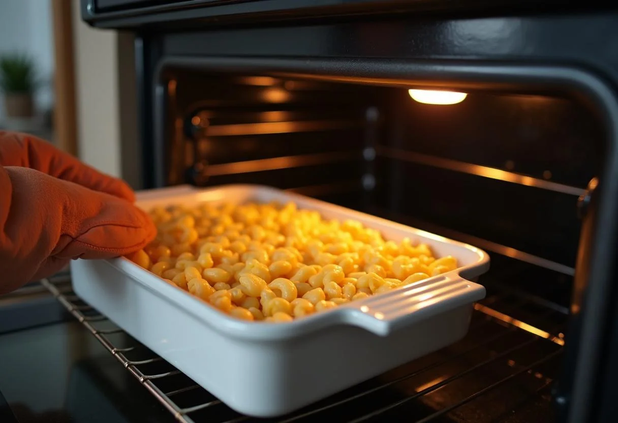 Baking dish of Gratin de Macaronis Fromagé ready to bake in the oven.