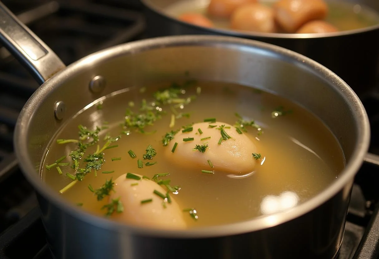 Bouillon de poulet et vin blanc pour le Lapin à la Moutarde.