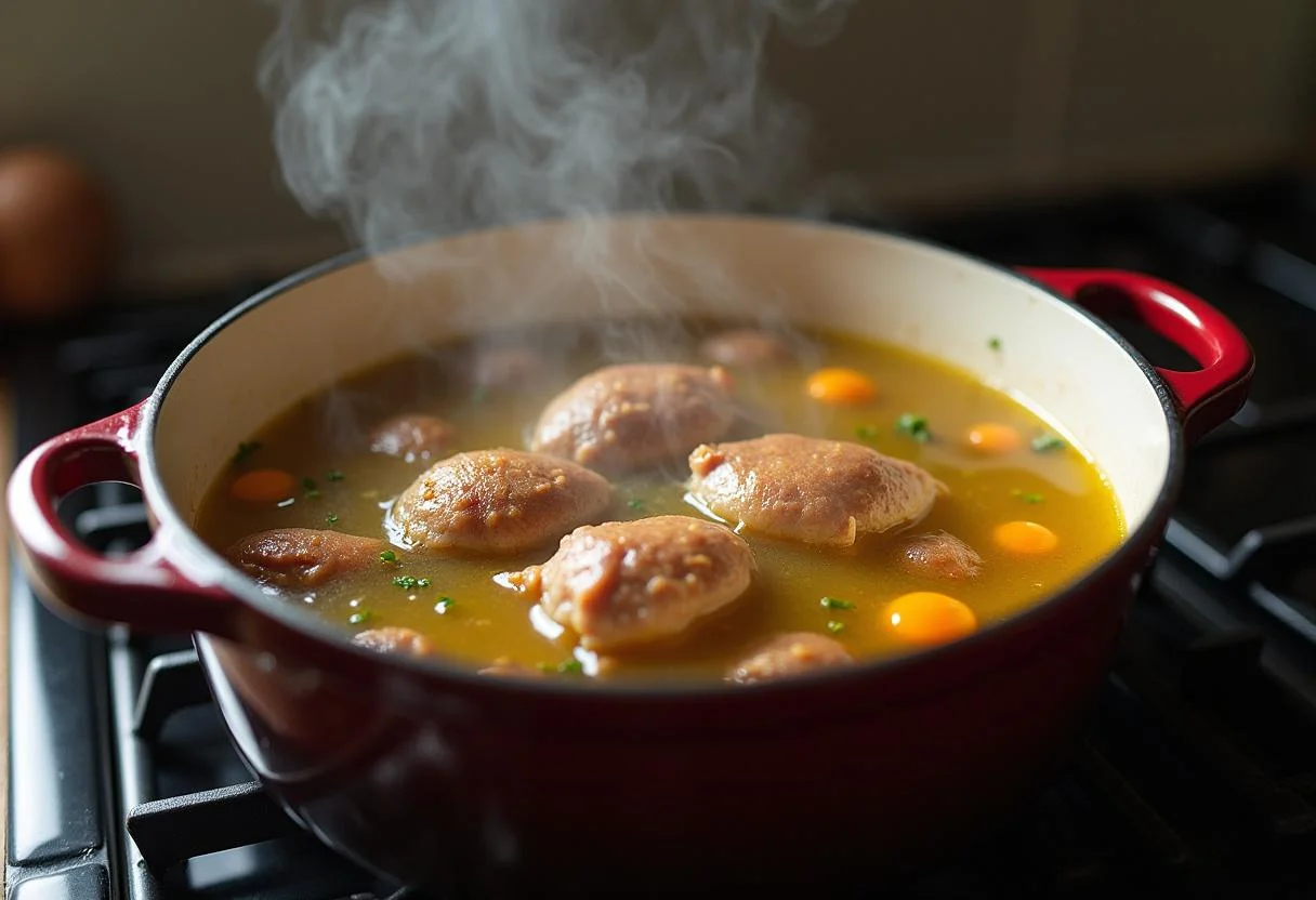 Lapin à la Moutarde mijotant dans une casserole.