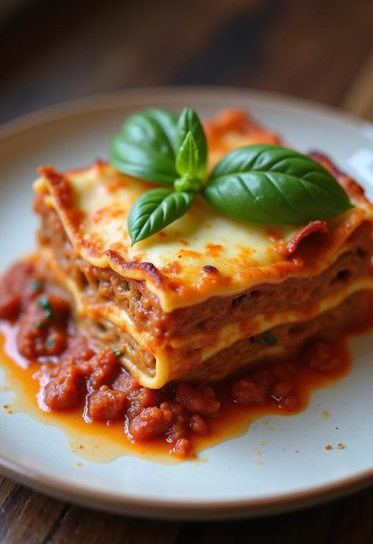 Finished lasagne à la Bolognese ready to be served, showcasing its delicious layers.