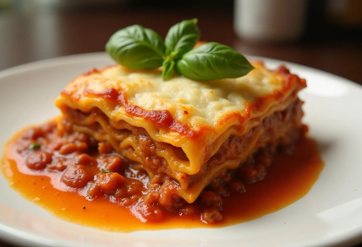 Lasagnes à la Bolognaise finies, prêtes à être servies, présentant ses délicieuses couches.