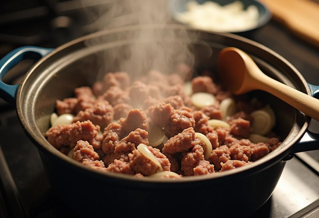 Dorer le bœuf haché et les oignons dans une casserole pour les Lasagnes à la Bolognaise.