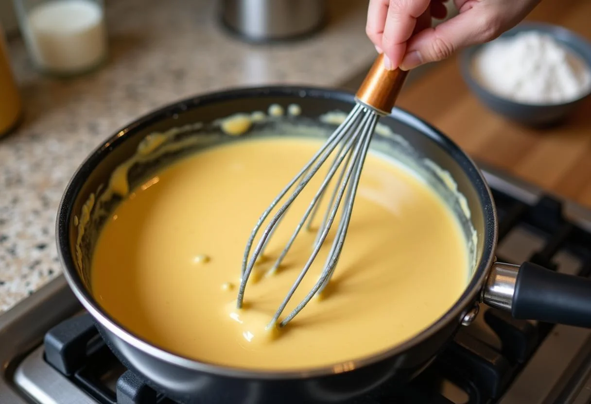 Préparer la sauce béchamel pour les Lasagnes à la Bolognaise sur la cuisinière.
