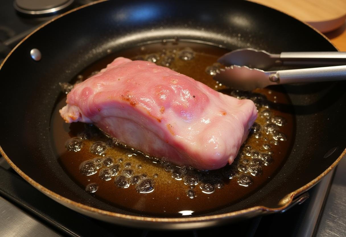 Cooking duck breast in a skillet for Magret de Canard au Miel, showcasing sizzling skin.
