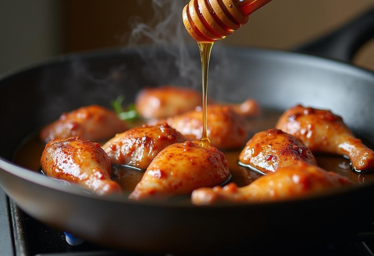 Honey being added to the skillet for glazing the duck in Magret de Canard au Miel.