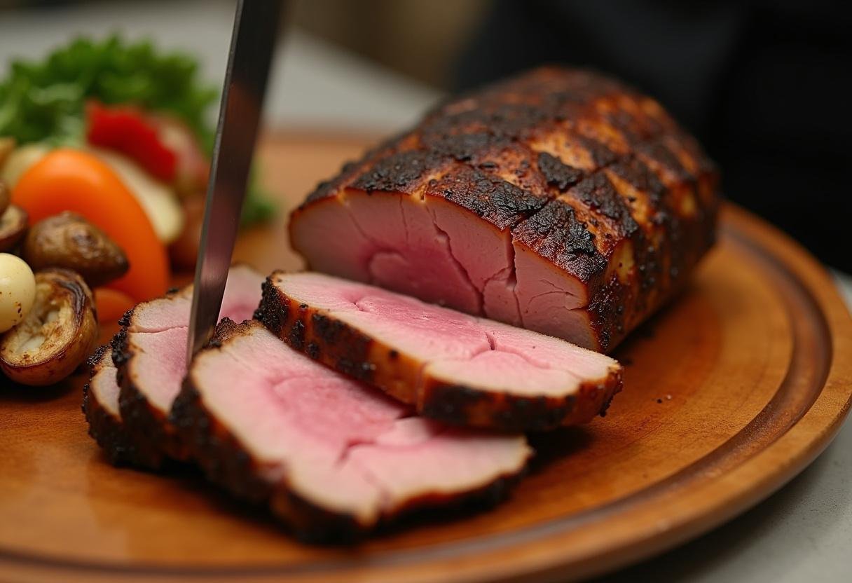 Slicing seared duck breast for Magret de Canard au Miel, served with roasted vegetables.