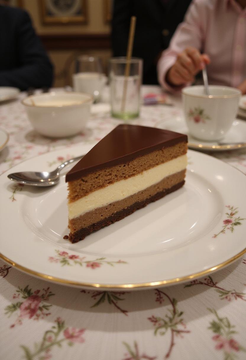 Slice of Opéra Gourmand ready to serve, showcasing its exquisite layers and flavors.