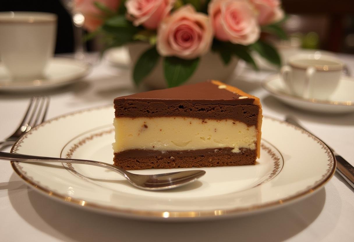 Slice of Opéra Gourmand ready to serve, showcasing its exquisite layers and flavors.