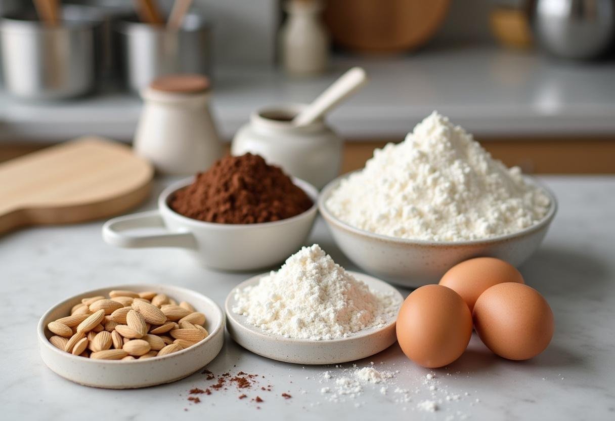 Ingredients for Opéra Gourmand laid out for preparation, including almond flour and cocoa powder.