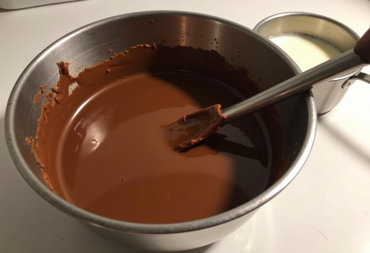 Chocolate ganache being prepared for Opéra Gourmand, showing a rich and smooth texture.