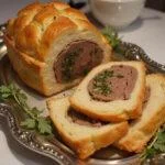 Sliced Pâté en Croûte Raffiné presented on a platter, showcasing the exquisite layers and garnishes.