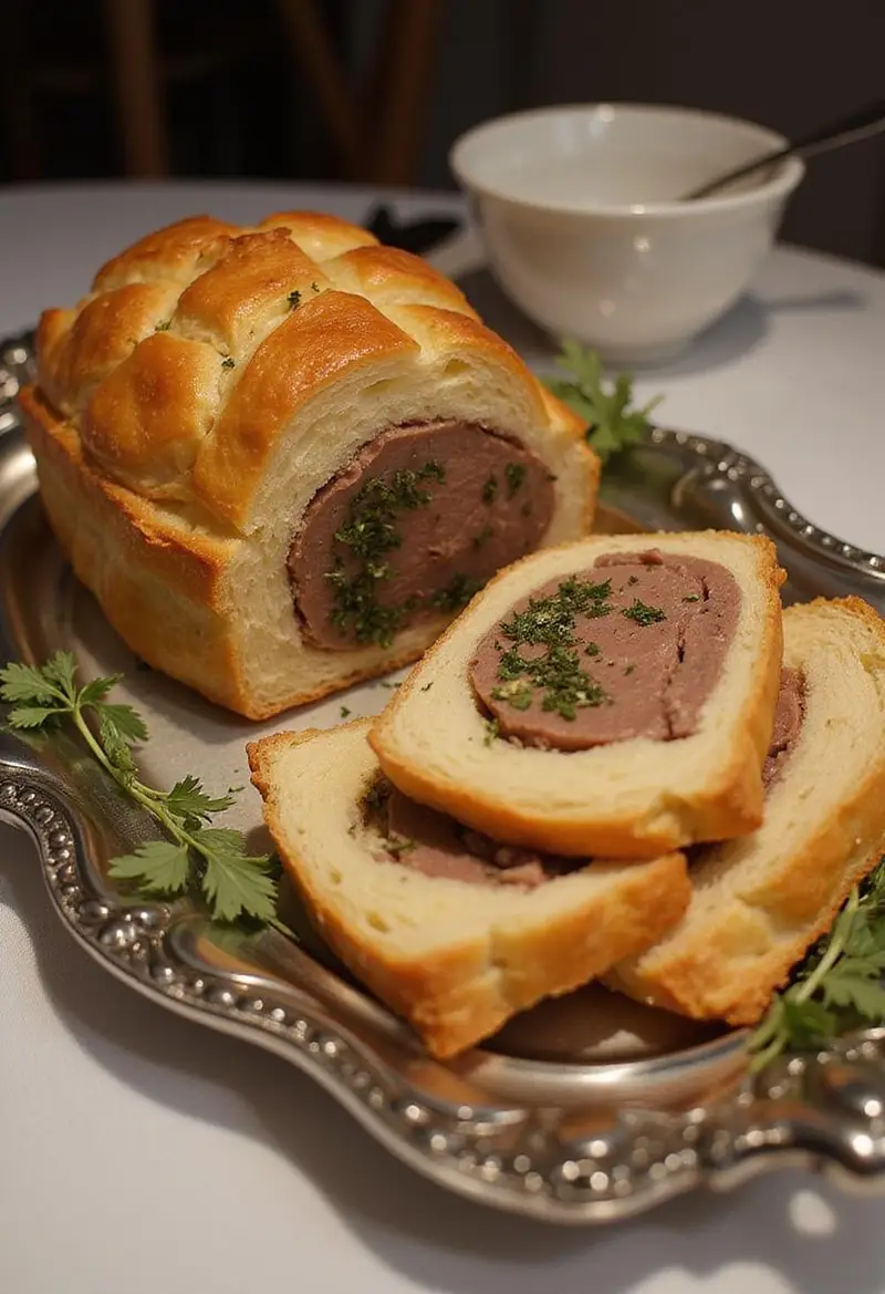 Sliced Pâté en Croûte Raffiné presented on a platter, showcasing the exquisite layers and garnishes.