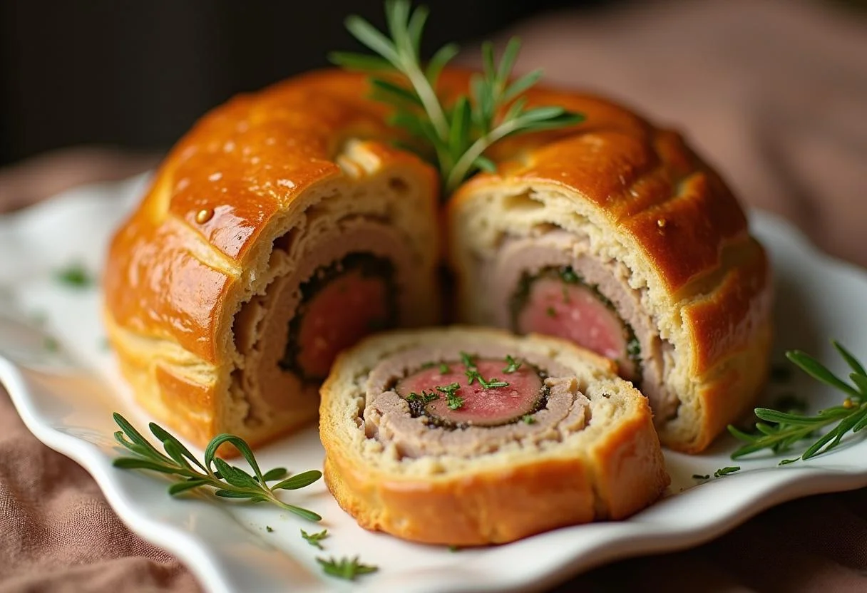 Pâté en Croûte Raffiné tranché présenté sur un plateau, mettant en valeur les couches exquises et les garnitures.