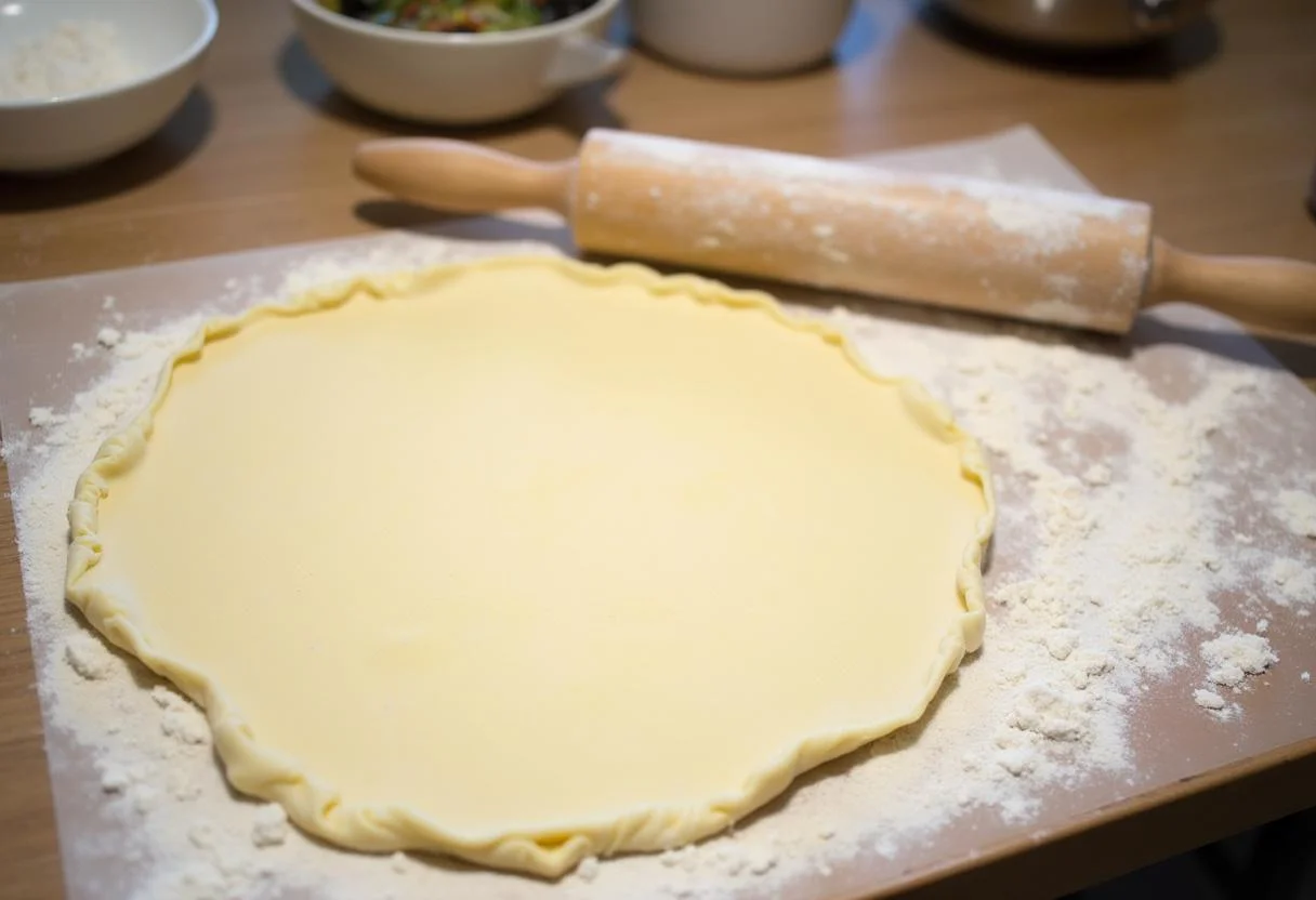 Étaler la pâte pour le Pâté en Croûte Raffiné sur un comptoir.