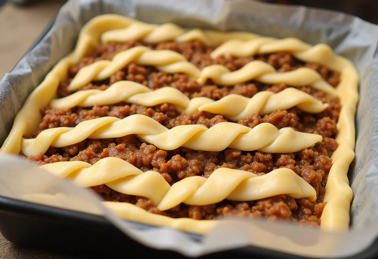Assemblage du Pâté en Croûte Raffiné avec de la pâte et de la garniture de viande dans un moule.