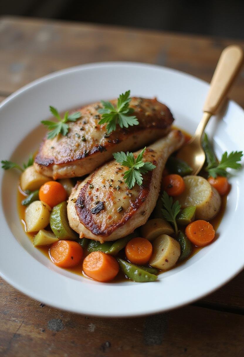 Pintade aux Choux prête à servir, un plat copieux et savoureux parfait pour un repas familial.