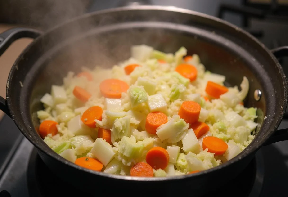 Chou, carottes et oignons en train de cuire pour la préparation de la Pintade aux Choux.