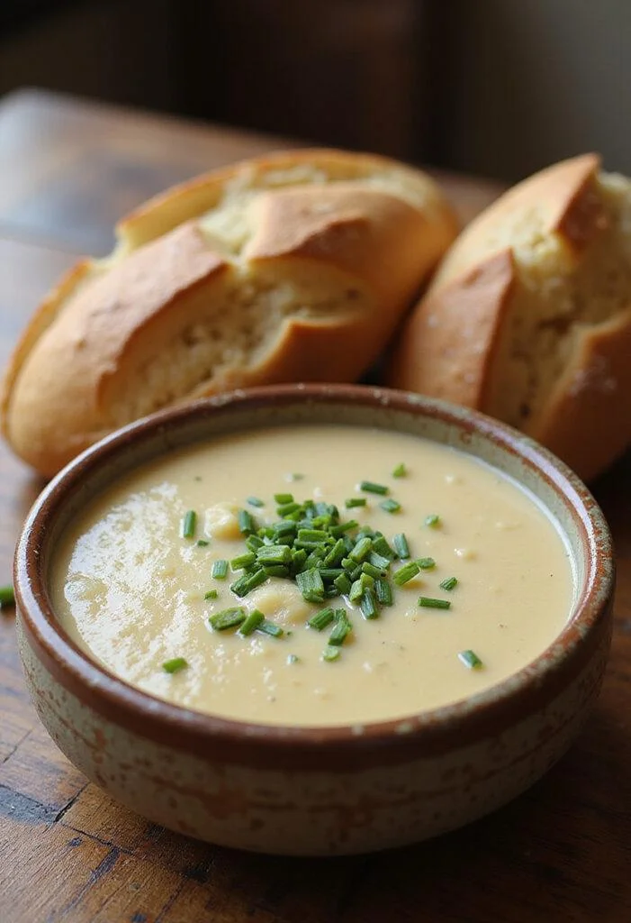 Deliciously served Potage Parmentier Réconfortant with chives, perfect for comforting meals.
