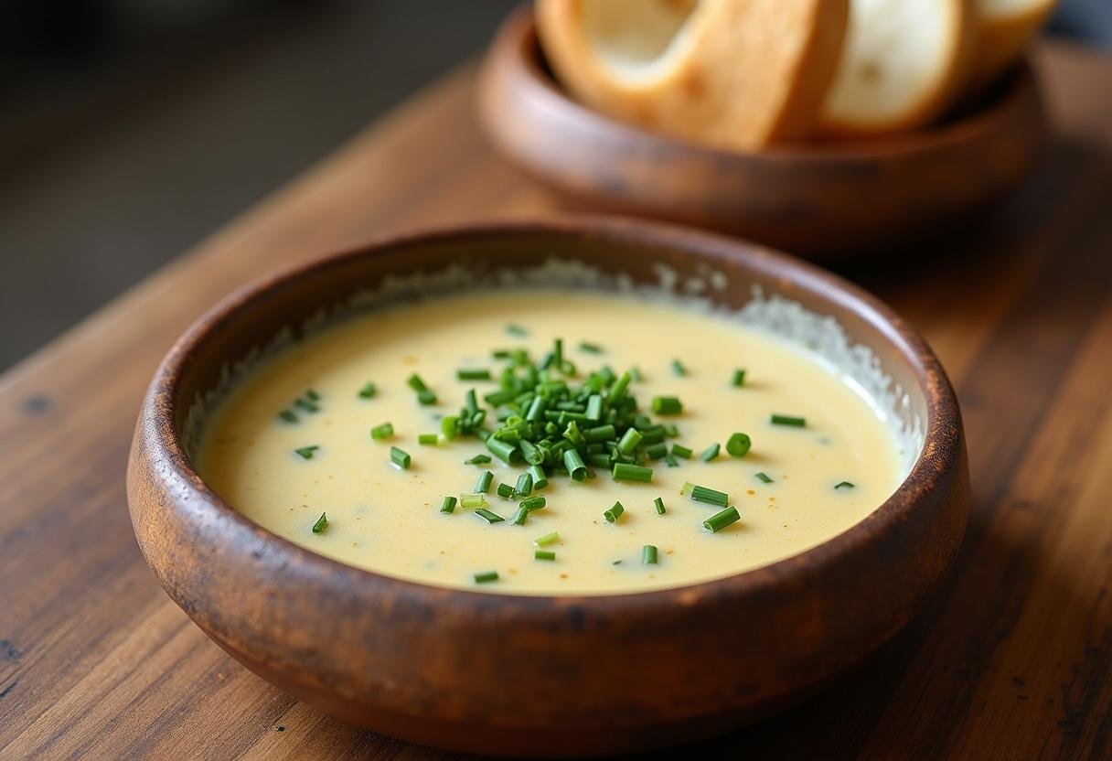 Potage Parmentier Réconfortant délicieusement servi avec de la ciboulette, parfait pour les repas réconfortants.